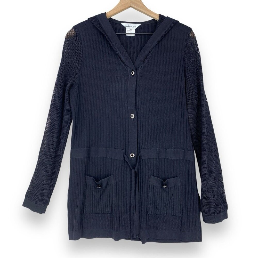 Misook Ribbed Mesh Sleeve Hooded Cardigan XS Black Button Front Drawstring